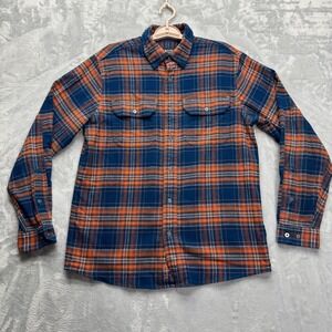 Orvis Flannel Shirt Men's Medium Blue Orange Plaid Active Fit Long Sleeve Button